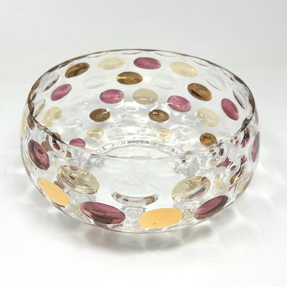 Mid Century Modern Glass Bowl w/Bronze Brown Gold Circles Super Cool! $30.00